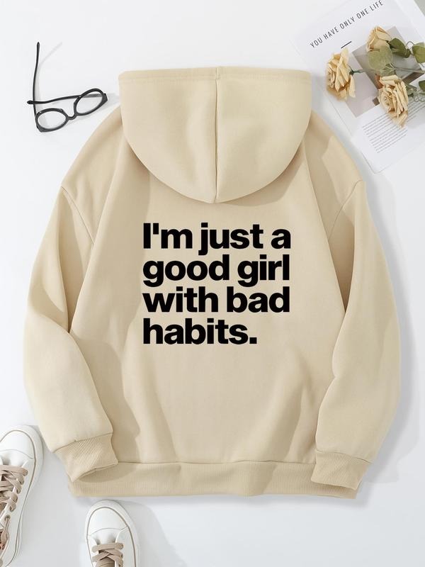Women's Letter Print Drawstring Pocket Hoodie, Fashion Casual Hooded Sweatshirt for Daily Outdoor Wear, Ladies Clothing...
