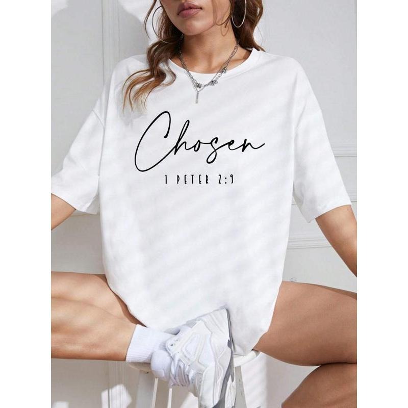 Women's Letter Print Drop Shoulder Crewneck Tee - Casual T-Shirt for Daily Wear, Comfortable Half Sleeve, Round Neck,...