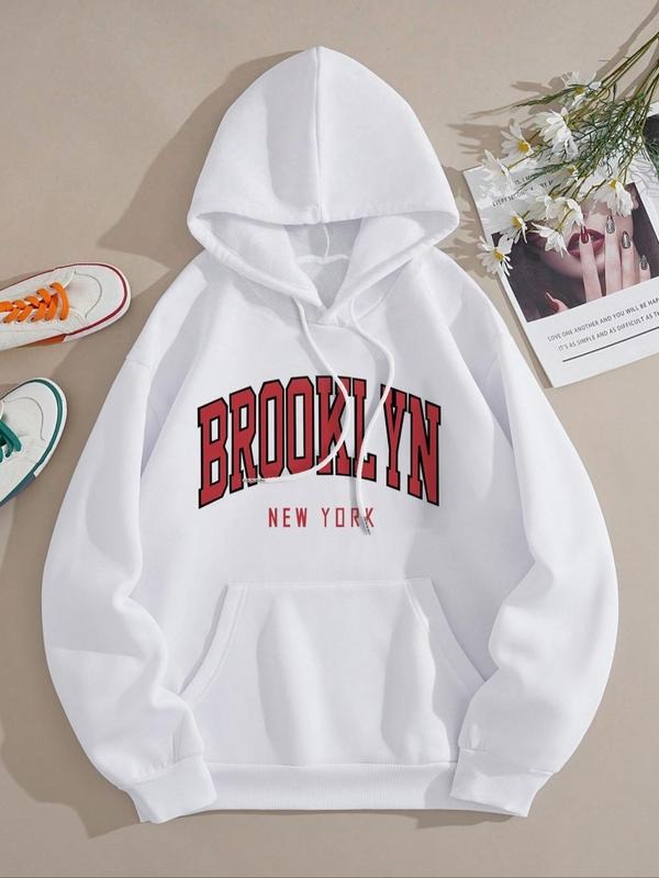Women's Letter Print Drop Shoulder Drawstring Hoodie, Casual Long Sleeve Kangaroo Pocket Hooded Sweatshirt for Fall &...