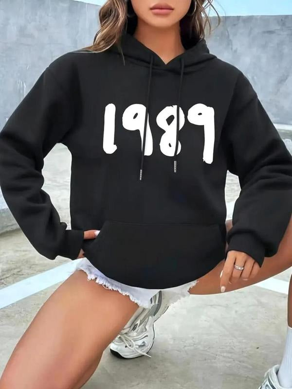 Women's Letter Print Drop Shoulder Drawstring Hoodie, Casual Long Sleeve Kangaroo Pocket Hooded Sweatshirt for Fall &...