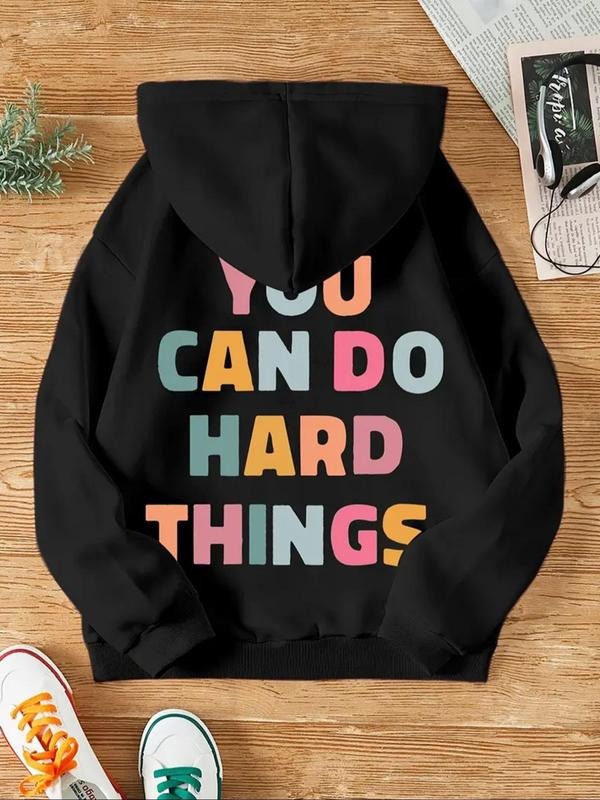 Women's Letter Print Drop Shoulder Drawstring Hoodie, Fashion Casual Kangaroo Pocket Hooded Sweatshirt for Daily Holiday...