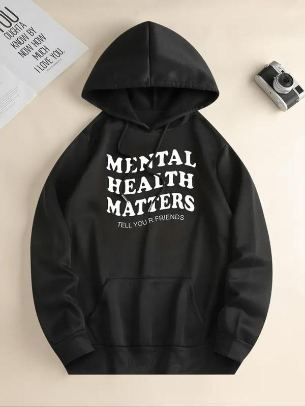 Women's Letter Print Drop Shoulder Drawstring Hoodie, Fashion Casual Kangaroo Pocket Hooded Sweatshirt for Daily Holiday...