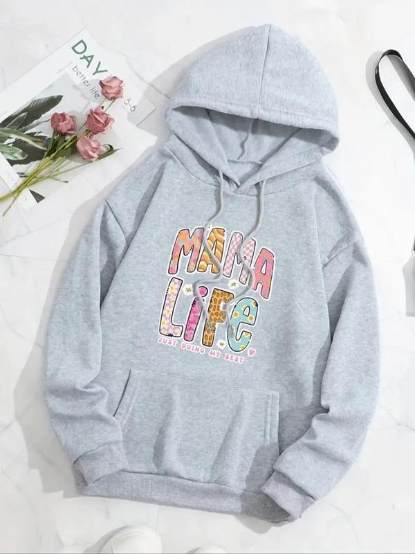 Women's Letter Print Drop Shoulder Drawstring Hoodie, Fashion Casual Kangaroo Pocket Hooded Sweatshirt for Daily Holiday...