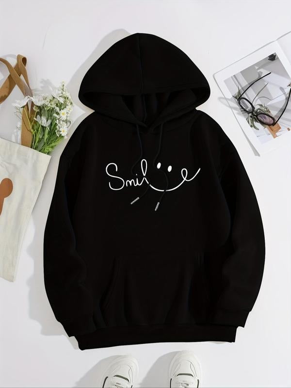 Women's Letter Print Drop Shoulder Drawstring Hoodie, Fashion Casual Kangaroo Pocket Hooded Sweatshirt for Daily Holiday...