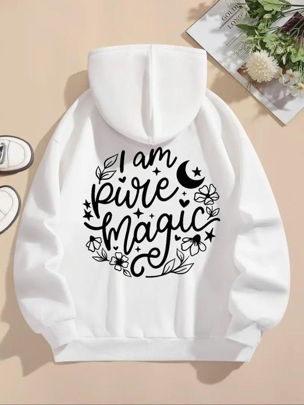 Women's Letter Print Drop Shoulder Drawstring Hoodie, Fashion Casual Kangaroo Pocket Hooded Sweatshirt for Daily Holiday...