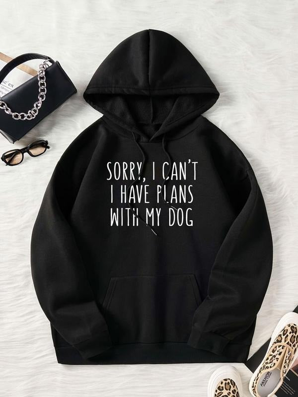 Women's Letter Print Drop Shoulder Drawstring Hoodie, Fashion Casual Kangaroo Pocket Hooded Sweatshirt for Daily Holiday...
