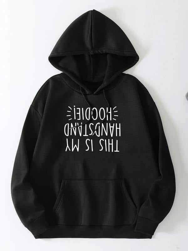 Women's Letter Print Drop Shoulder Drawstring Hoodie, Fashion Casual Kangaroo Pocket Hooded Sweatshirt for Daily Holiday...