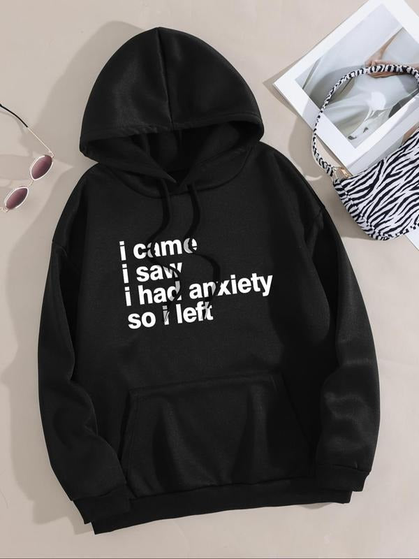 Women's Letter Print Drop Shoulder Drawstring Hoodie, Fashion Casual Kangaroo Pocket Hooded Sweatshirt for Daily Holiday...