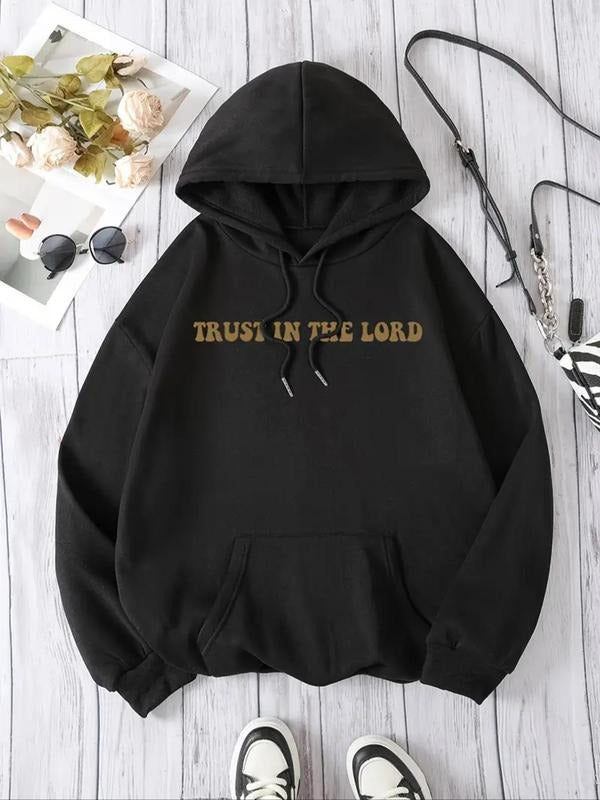Women's Letter Print Drop Shoulder Drawstring Hoodie, Fashion Casual Kangaroo Pocket Hooded Sweatshirt for Daily Holiday...