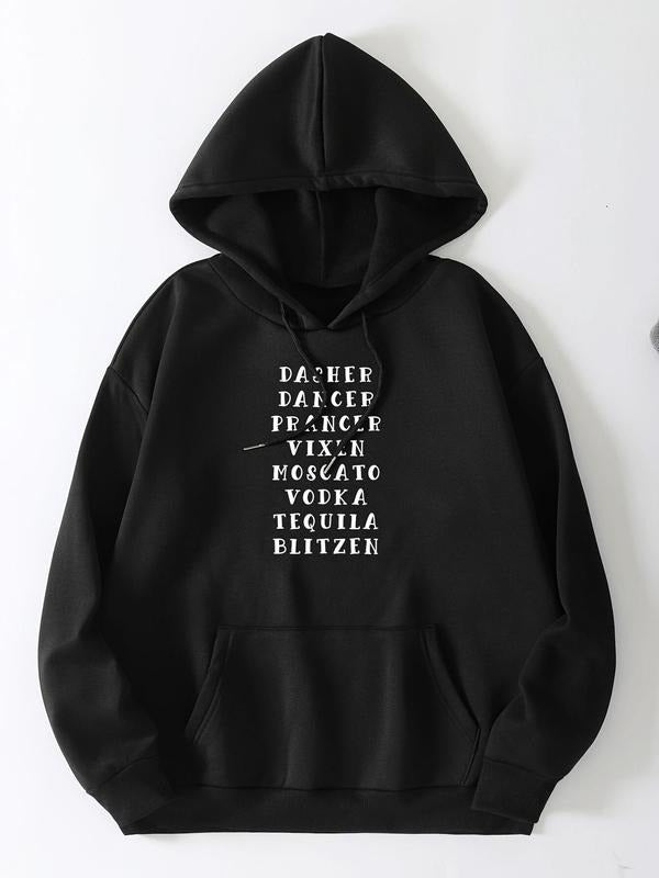 Women's Letter Print Drop Shoulder Drawstring Hoodie, Fashion Casual Kangaroo Pocket Hooded Sweatshirt for Daily Holiday...