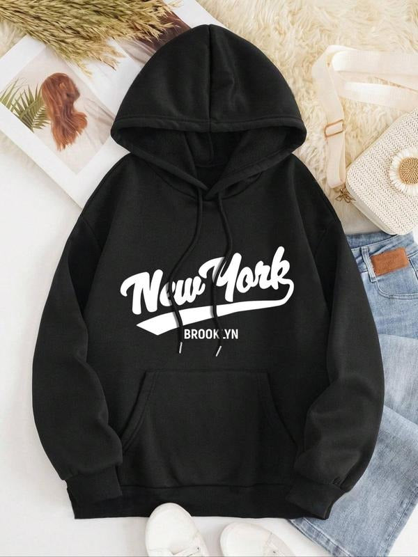 Women's Letter Print Drop Shoulder Drawstring Hoodie, Fashion Casual Kangaroo Pocket Hooded Sweatshirt for Daily Holiday...