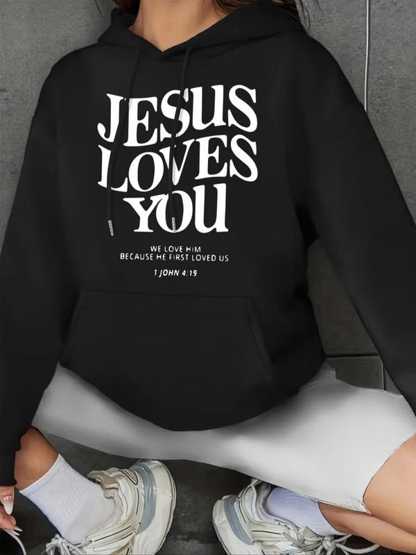 Women's Letter Print Drop Shoulder Drawstring Hoodie, Fashion Casual Kangaroo Pocket Hooded Sweatshirt for Daily Holiday...