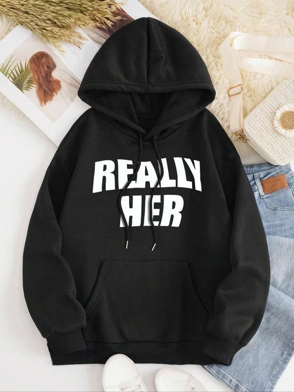 Women's Letter Print Drop Shoulder Drawstring Hoodie, Fashion Casual Kangaroo Pocket Hooded Sweatshirt for Daily Holiday...