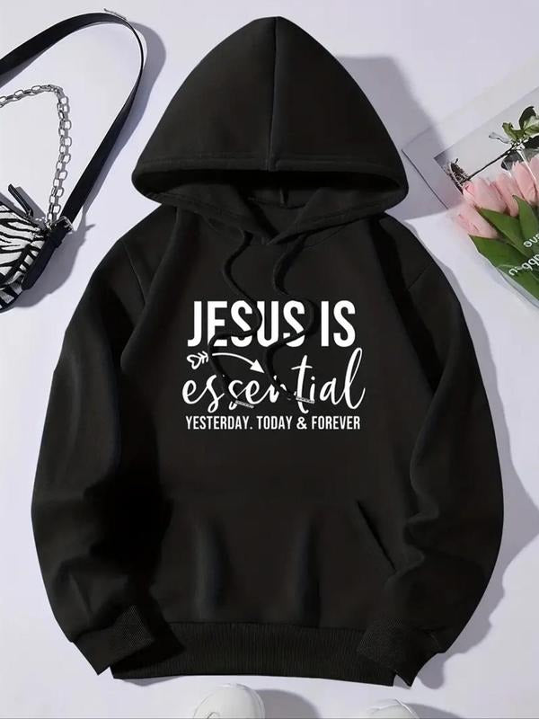 Women's Letter Print Drop Shoulder Drawstring Hoodie, Fashion Casual Kangaroo Pocket Hooded Sweatshirt for Daily Holiday...
