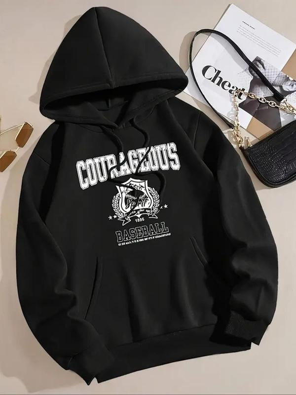 Women's Letter Print Drop Shoulder Drawstring Hoodie, Fashion Casual Kangaroo Pocket Hooded Sweatshirt for Daily Holiday...
