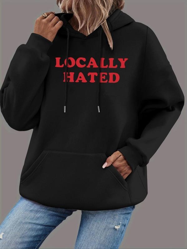 Women's Letter Print Drop Shoulder Drawstring Hoodie, Fashion Casual Kangaroo Pocket Hooded Sweatshirt for Daily Holiday...