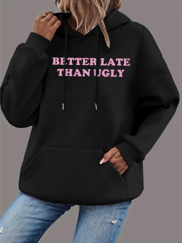 Women's Letter Print Drop Shoulder Drawstring Hoodie, Fashion Casual Kangaroo Pocket Hooded Sweatshirt for Daily Holiday...