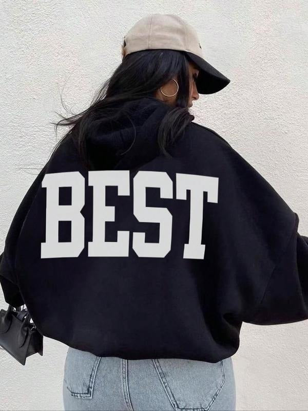 Women's Letter Print Drop Shoulder Drawstring Hoodie, Fashion Casual Kangaroo Pocket Hooded Sweatshirt for Daily Holiday...