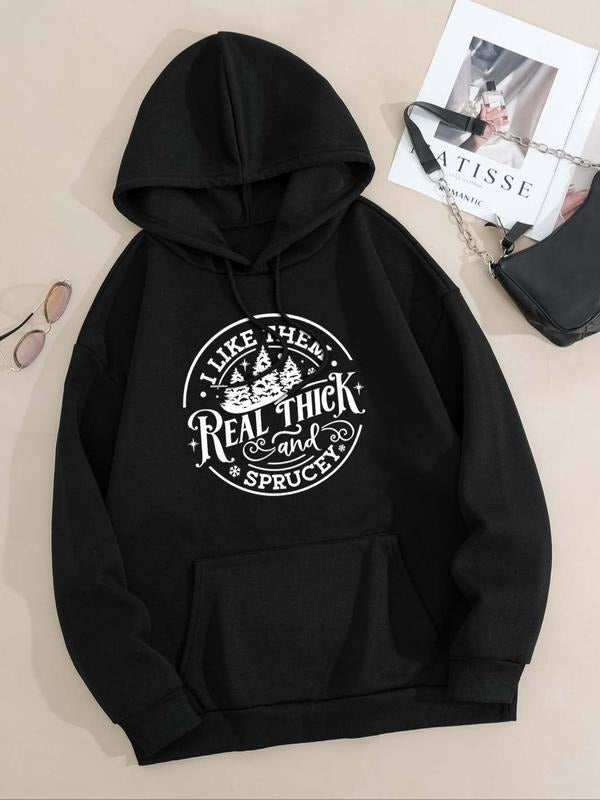 Women's Letter Print Drop Shoulder Drawstring Hoodie, Fashion Casual Kangaroo Pocket Hooded Sweatshirt for Daily Holiday...