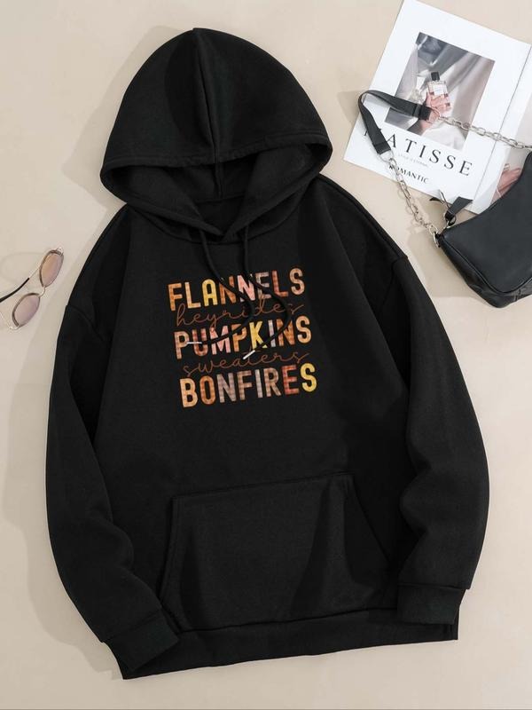 Women's Letter Print Drop Shoulder Drawstring Hoodie, Fashion Casual Kangaroo Pocket Hooded Sweatshirt for Daily Holiday...