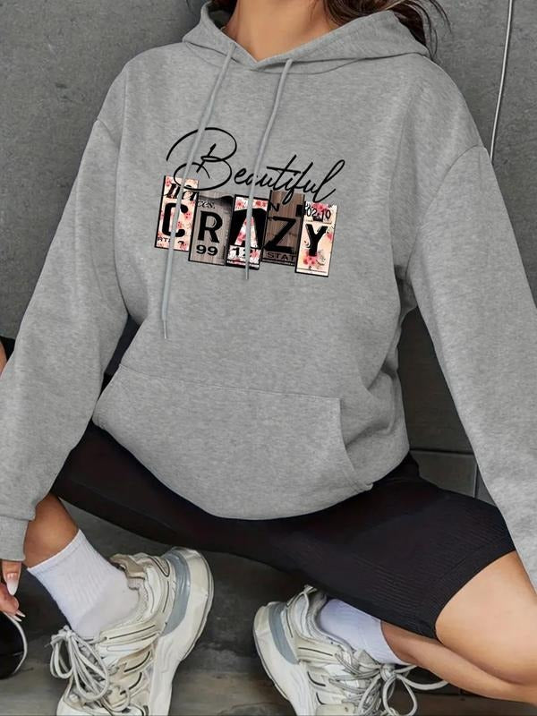 Women's Letter Print Drop Shoulder Drawstring Hoodie, Fashion Casual Kangaroo Pocket Hooded Sweatshirt for Daily Holiday...