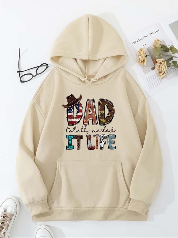 Women's Letter Print Drop Shoulder Drawstring Hoodie, Fashion Casual Kangaroo Pocket Hooded Sweatshirt for Daily Holiday...