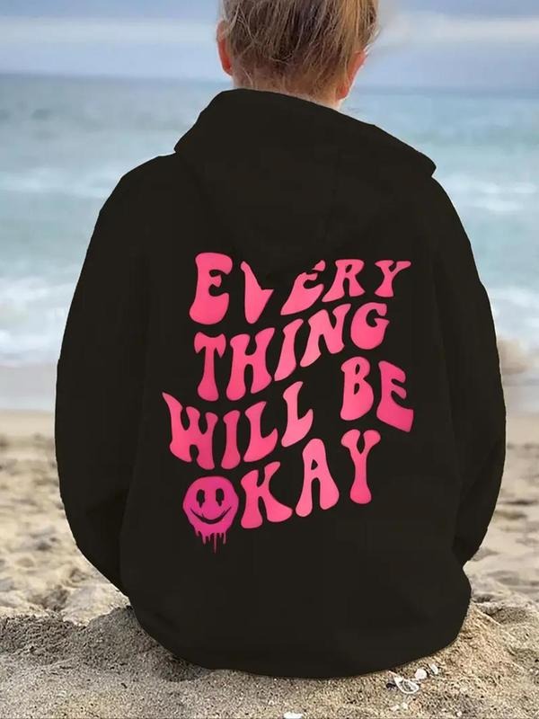 Women's Letter Print Drop Shoulder Drawstring Thermal Lined Hoodie, Fashion Casual Kangaroo Pocket Hooded Sweatshirt for...