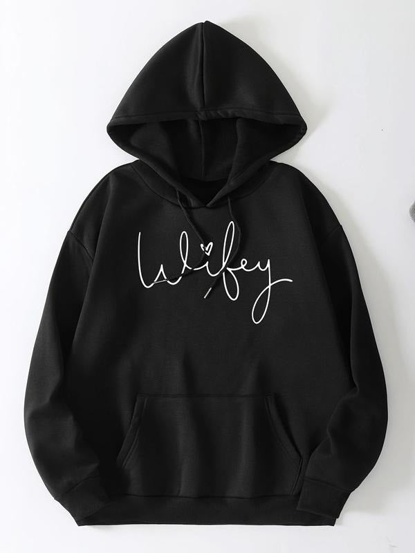 Women's Letter Print Drop Shoulder Drawstring Thermal Lined Hoodie, Trendy Casual Pocket Hooded Sweatshirt for Daily...