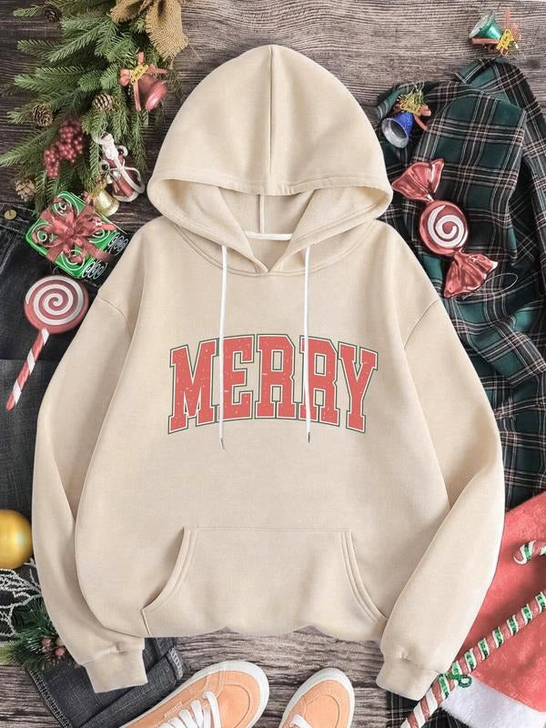 Women's Letter Print Drop Shoulder Hoodie, Casual Long Sleeve Drawstring Pocket Hooded Sweatshirt for Fall & Winter T-Shirts