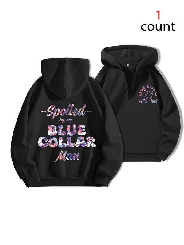 Women's Letter Print Drop Shoulder Hoodie, Casual Loose-Fit Thick Fabric, Cozy Hooded Sweatshirt for Fall & Winter,...