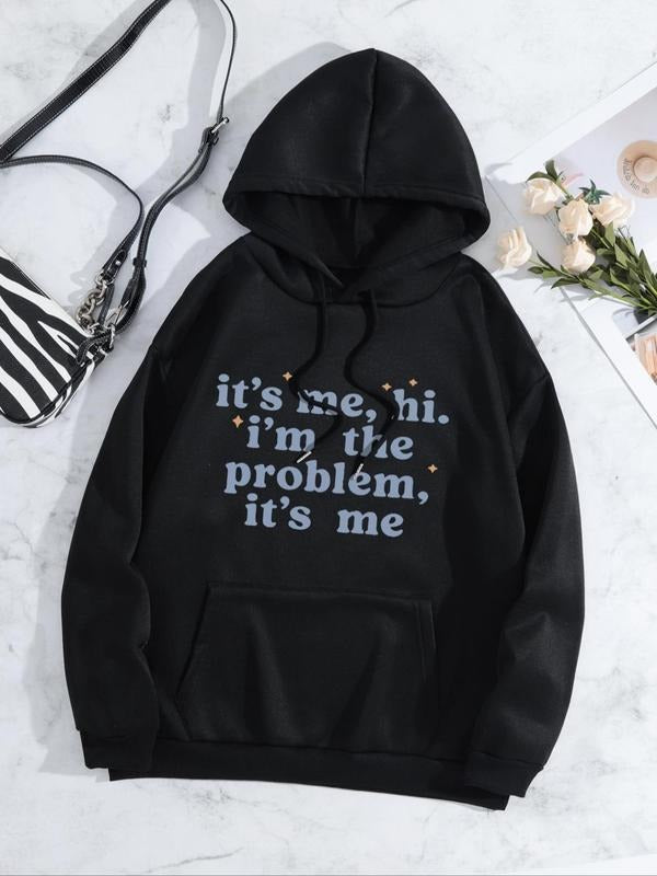Women's Letter Print Drop Shoulder Hoodie, Fashion Casual Drawstring Kangaroo Pocket Hooded Sweatshirt for Daily Holiday...