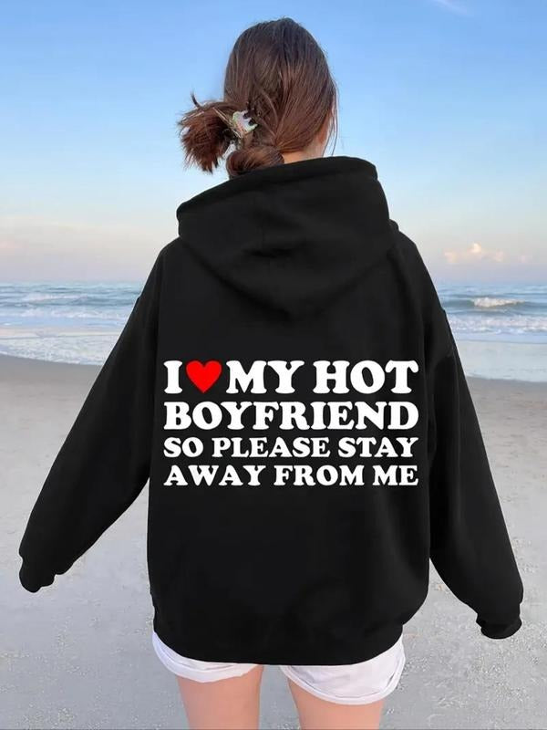 Women's Letter Print Drop Shoulder Hoodie, Fashion Casual Drawstring Kangaroo Pocket Hooded Sweatshirt for Daily Holiday...