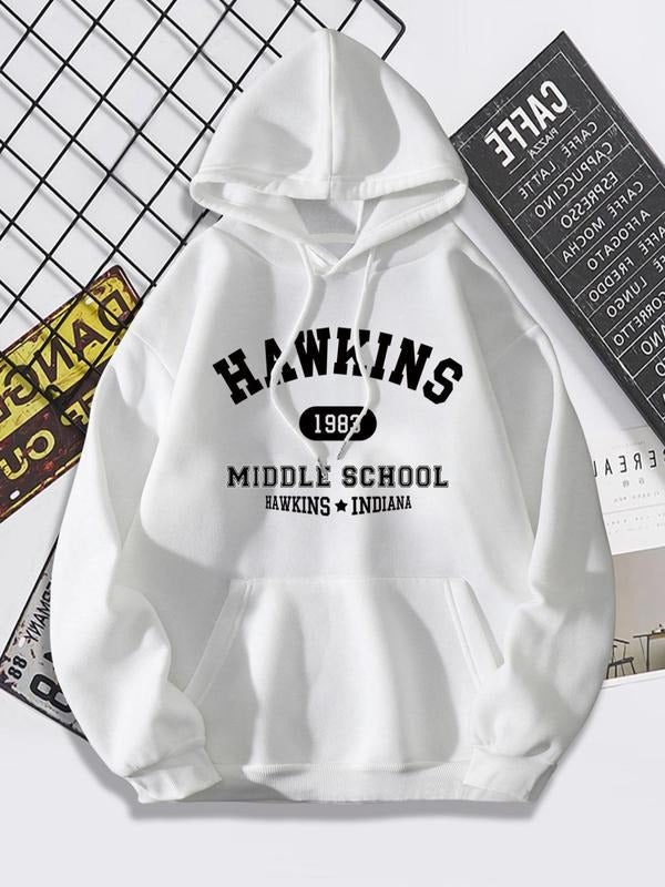 Women's Letter Print Drop Shoulder Hoodie, Fashion Casual Drawstring Kangaroo Pocket Hooded Sweatshirt for Daily Holiday...