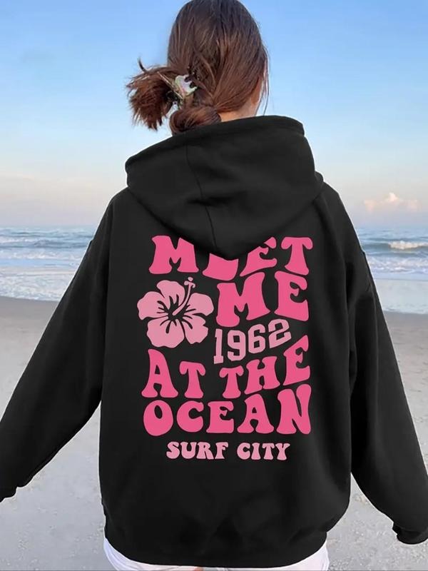 Women's Letter Print Drop Shoulder Hoodie, Fashion Casual Drawstring Pocket Hooded Sweatshirt for Daily Holiday Outdoor...