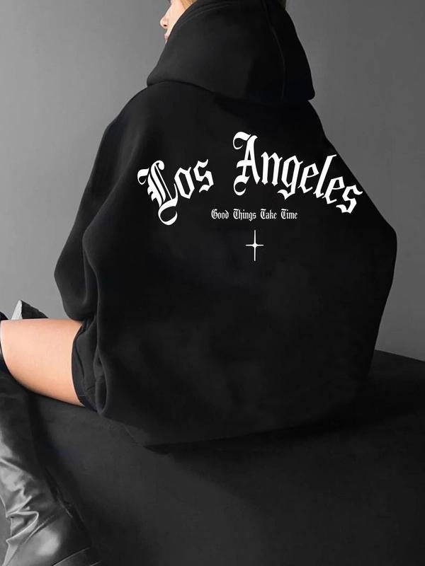Women's Letter Print Drop Shoulder Hoodie, Fashion Casual Drawstring Pocket Hooded Sweatshirt for Daily Holiday Outdoor...