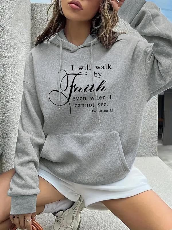 Women's Letter Print Drop Shoulder Hoodie, Fashion Casual Drawstring Pocket Hooded Sweatshirt for Daily Holiday Outdoor...