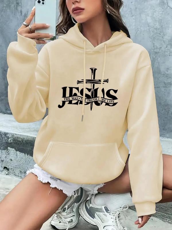 Women's Letter Print Drop Shoulder Hoodie, Fashion Casual Drawstring Pocket Hooded Sweatshirt for Daily Holiday Outdoor...