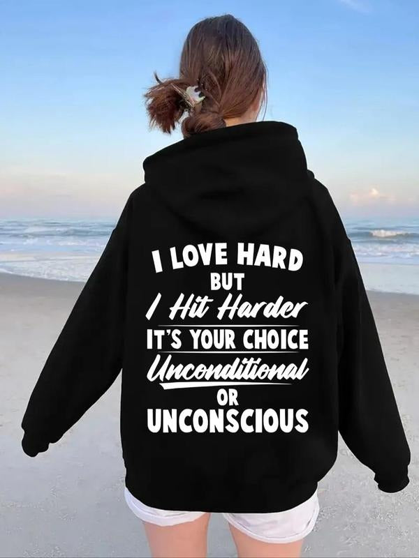 Women's Letter Print Drop Shoulder Hoodie, Fashion Casual Drawstring Pocket Hooded Sweatshirt for Daily Holiday Outdoor...