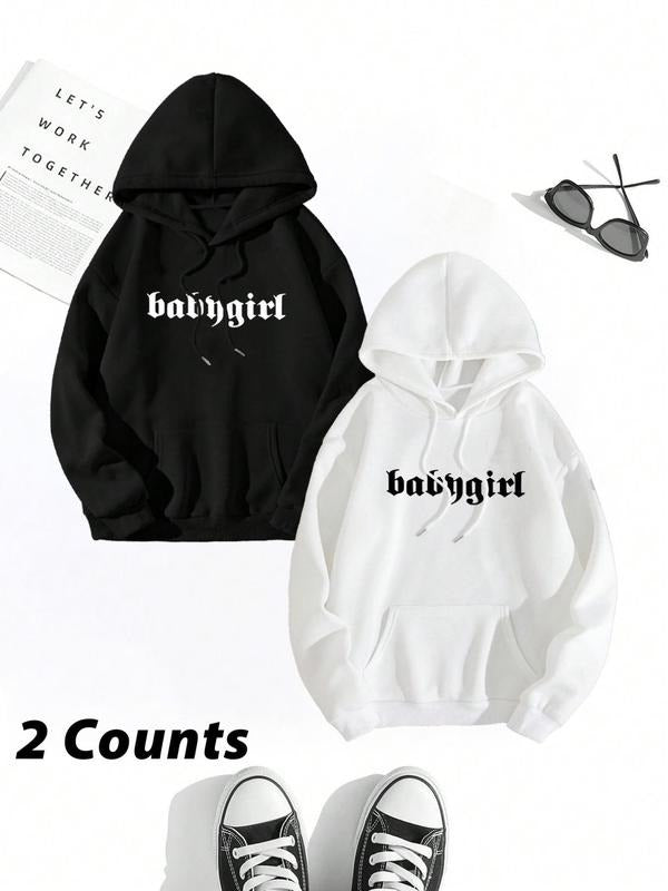 Women's Letter Print Drop Shoulder Hoodie, Fashion Casual Drawstring Pocket Hooded Sweatshirt for Daily Holiday Outdoor...