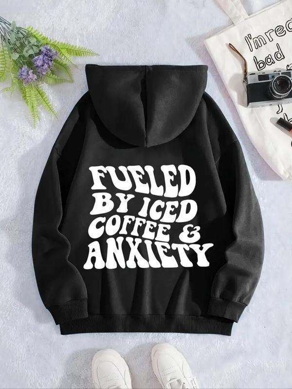 Women's Letter Print Drop Shoulder Hoodie, Fashion Casual Drawstring Pocket Hooded Sweatshirt for Daily Holiday Outdoor...