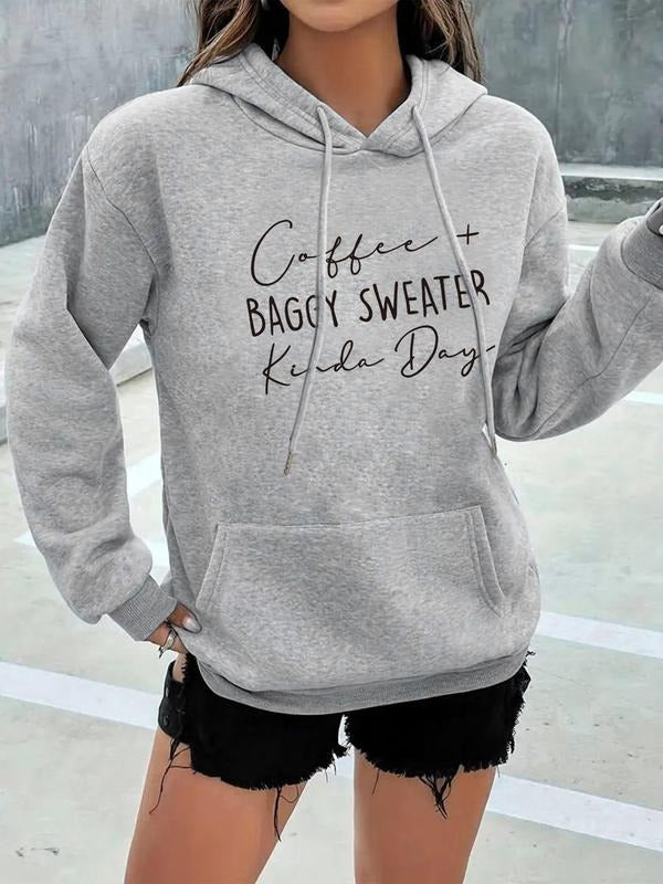 Women's Letter Print Drop Shoulder Hoodie, Fashion Casual Drawstring Pocket Hooded Sweatshirt for Daily Holiday Outdoor...