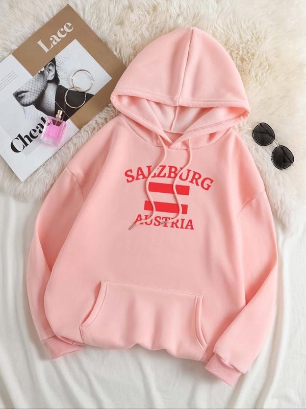 Women's Letter Print Drop Shoulder Hoodie, Fashion Casual Drawstring Pocket Hooded Sweatshirt for Daily Holiday Outdoor...