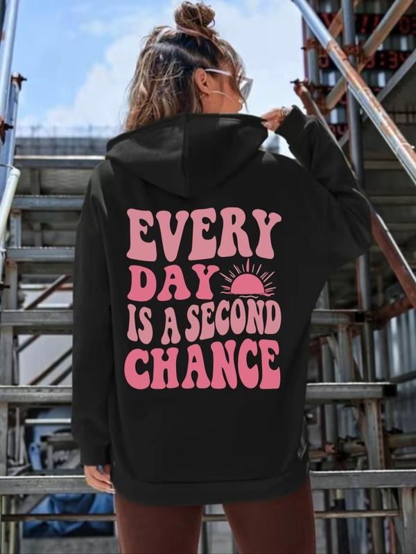 Women's Letter Print Drop Shoulder Hoodie, Fashion Casual Drawstring Pocket Hooded Sweatshirt for Daily Holiday Outdoor...