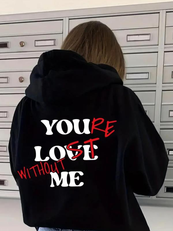 Women's Letter Print Drop Shoulder Hoodie, Fashion Casual Drawstring Pocket Hooded Sweatshirt for Daily Holiday Outdoor...