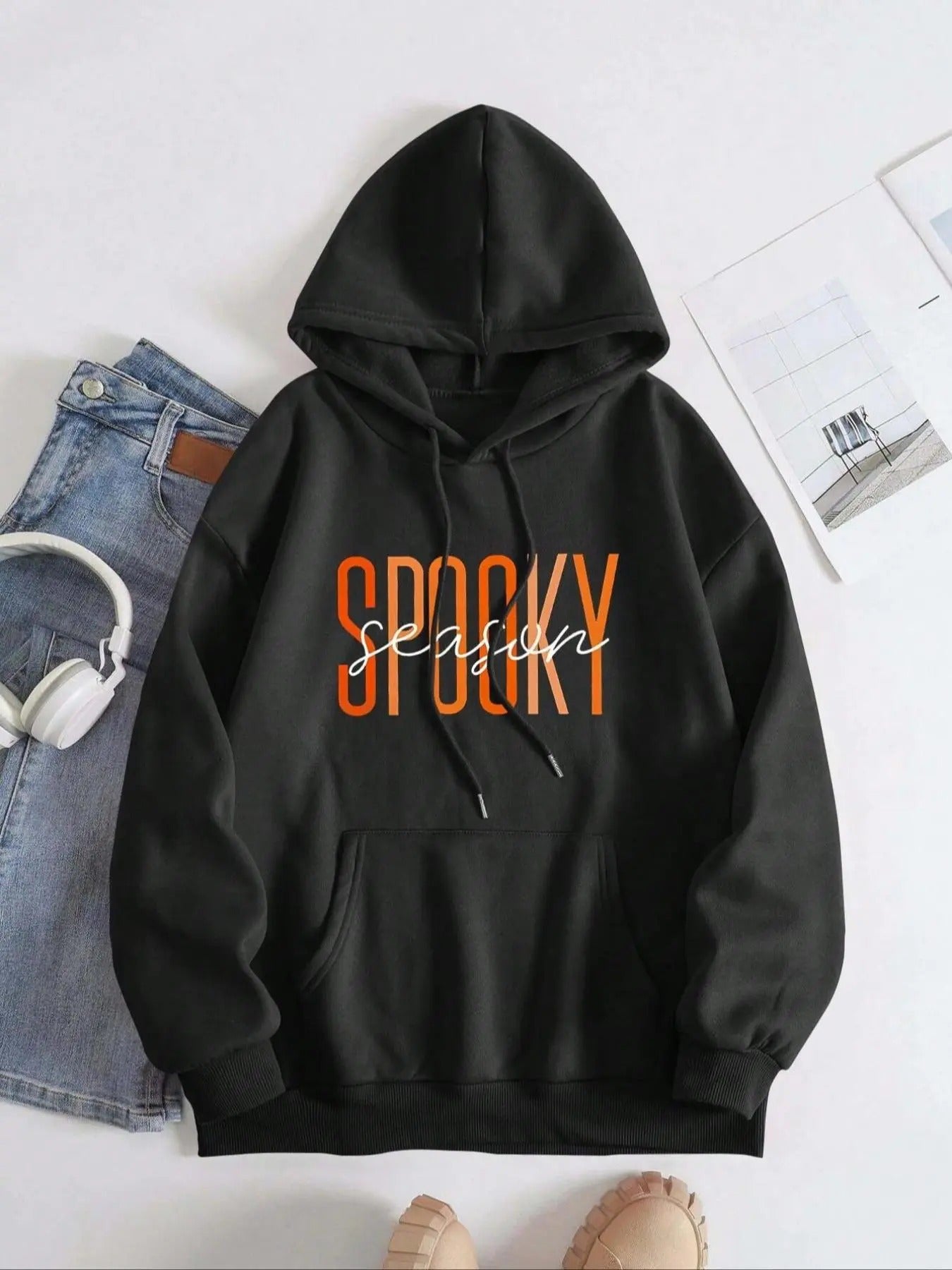 Women's Letter Print Drop Shoulder Hoodie, Fashion Casual Drawstring Thermal Lined Pocket Hooded Sweatshirt for Daily...