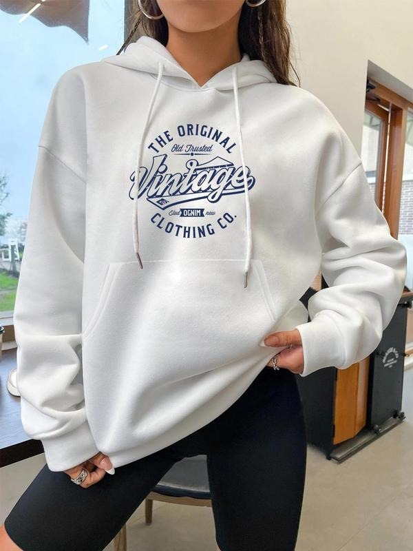 Women's Letter Print Drop Shoulder Hoodie, Vintage Fashion Drawstring Pocket Hooded Sweatshirt, Women Clothing for Spring...