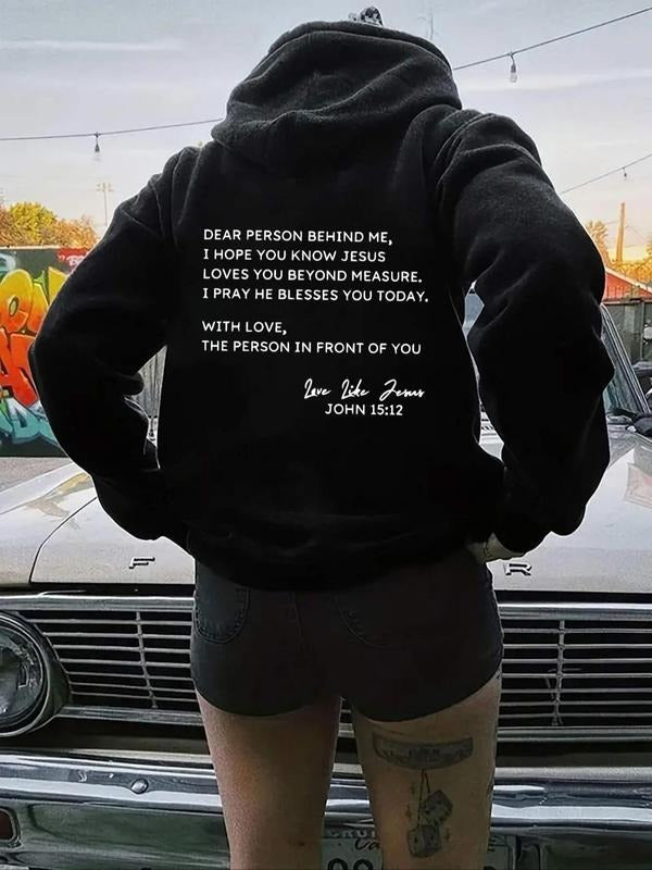 Women's Letter Print Drop Shoulder Long Sleeve Hoodie, Fashion Casual Drawstring Pocket Hooded Sweatshirt for Daily...