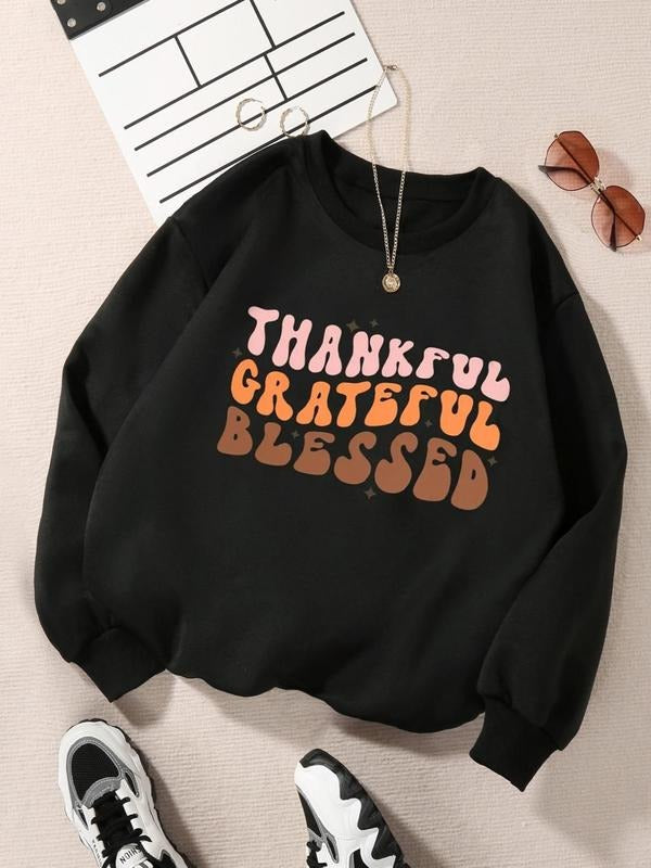 Women's Letter Print Drop Shoulder Sweatshirt, 2024 New Style Casual Long Sleeve Round Neck Pullover for Fall & Winter,...