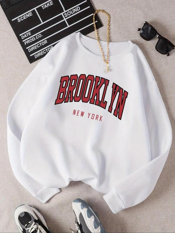 Women's Letter Print Drop Shoulder Sweatshirt, Casual Long Sleeve Round Neck Pullover for Fall & Winter, Ladies Clothes...
