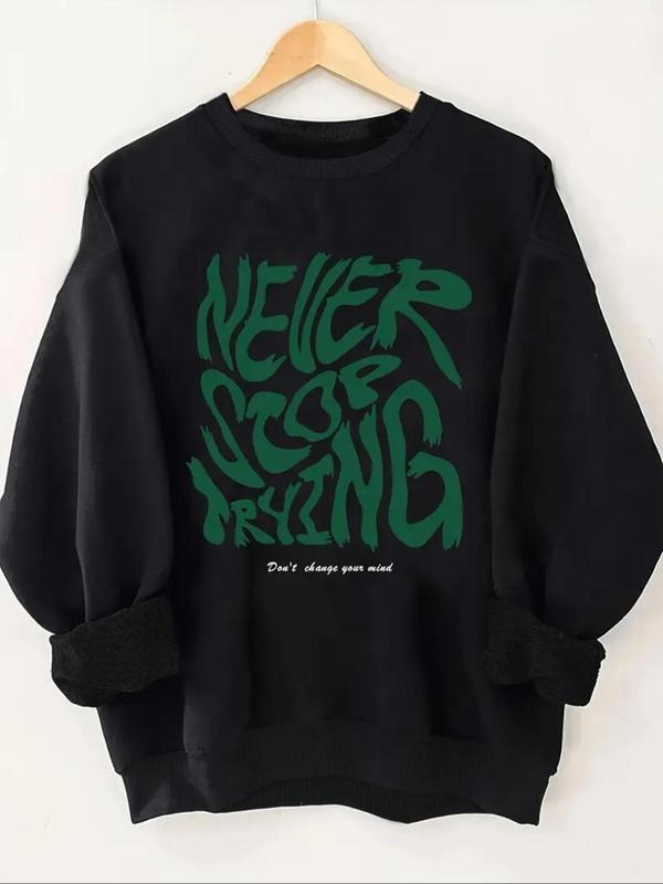 Women's Letter Print Drop Shoulder Sweatshirt, Casual Long Sleeve Round Neck Pullover for Fall & Winter, Women's Clothes...